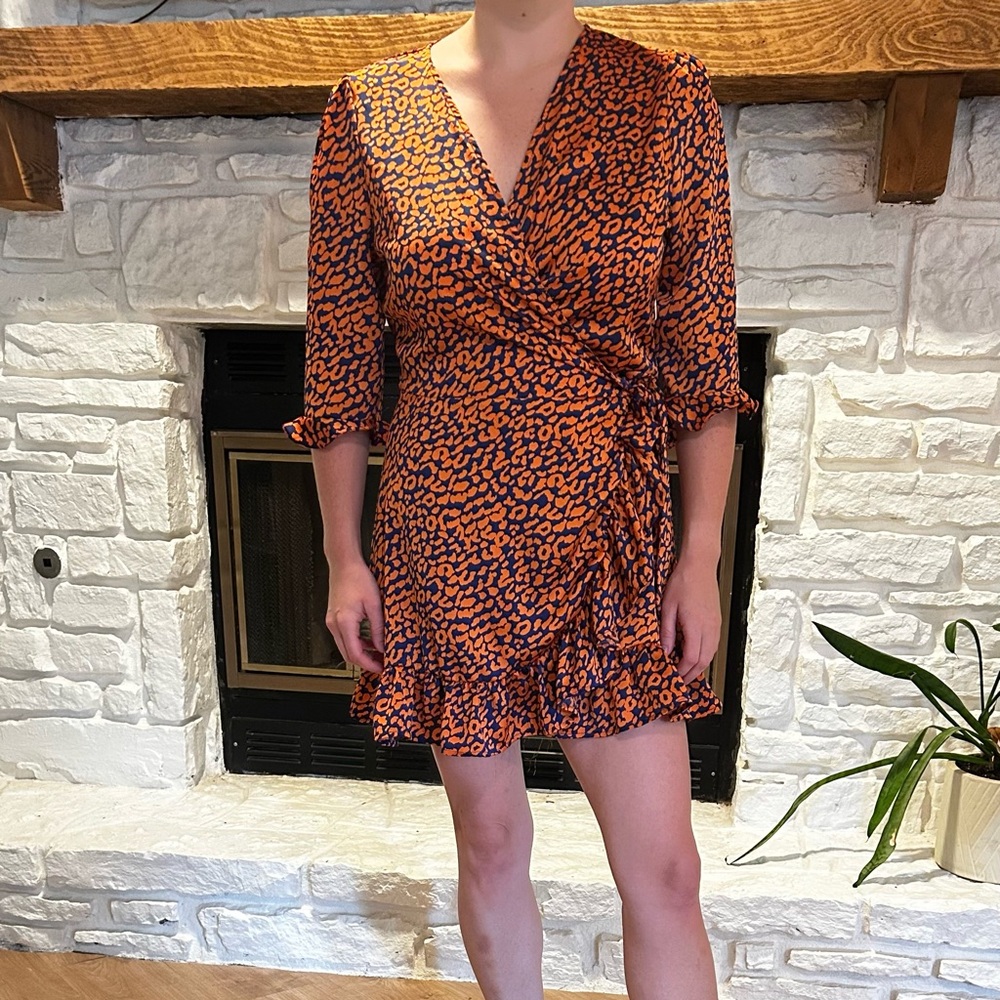 Orange and navy leopard wrap dress